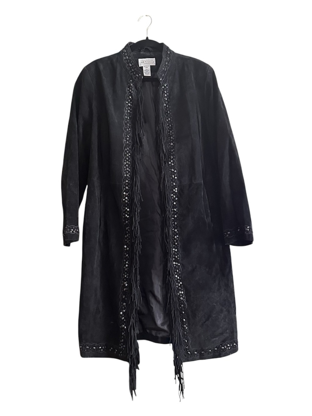 Embellished Black Suede Fringe Long Coat
